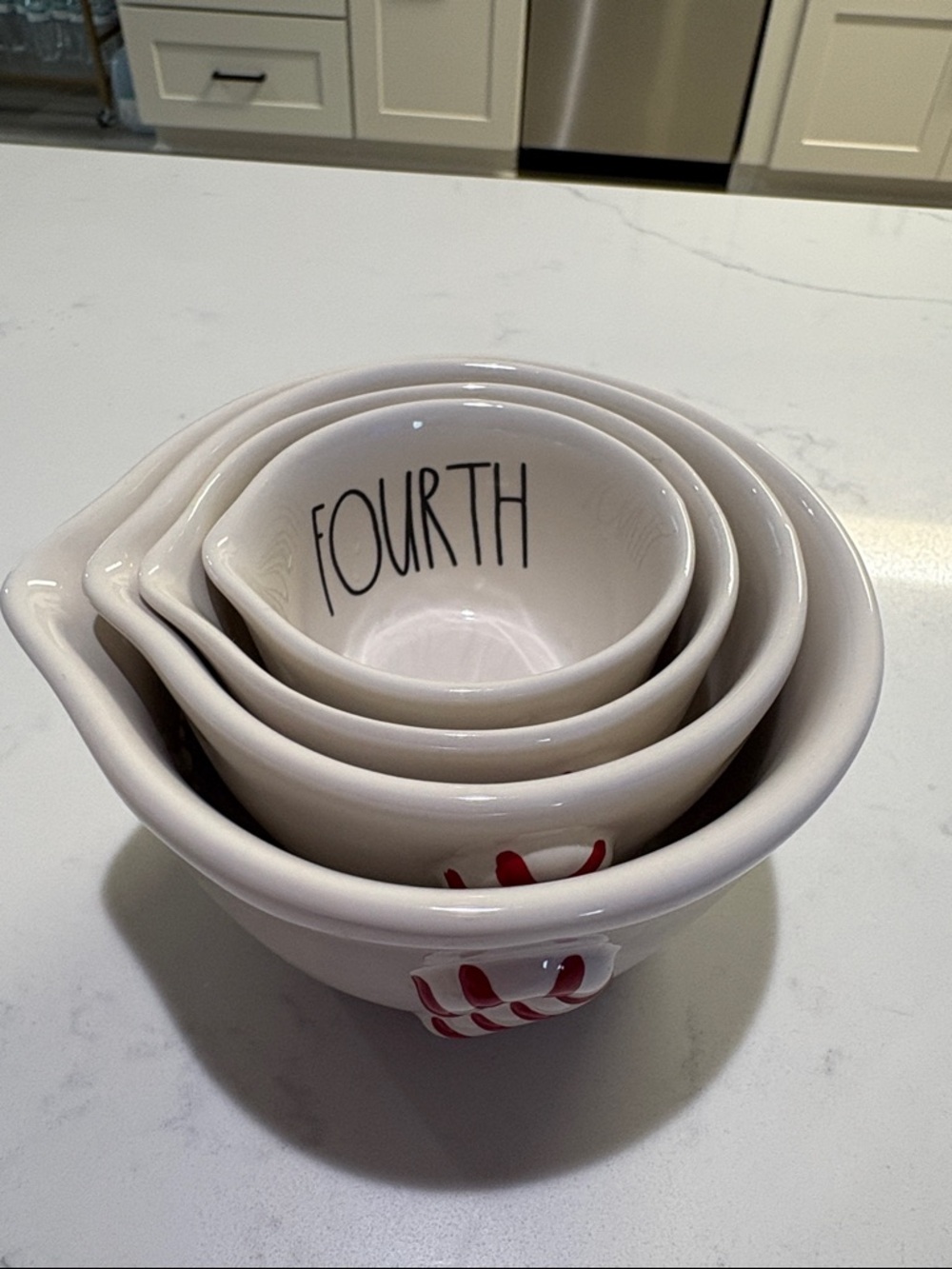 Rae Dunn White Ceramic Nesting Measuring Bowls with Red Candy Cane Accent - Picture 2 of 7